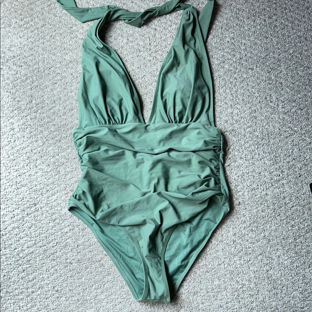 Cupshe Sage Green Halter Ruched One-Piece Swimsuit